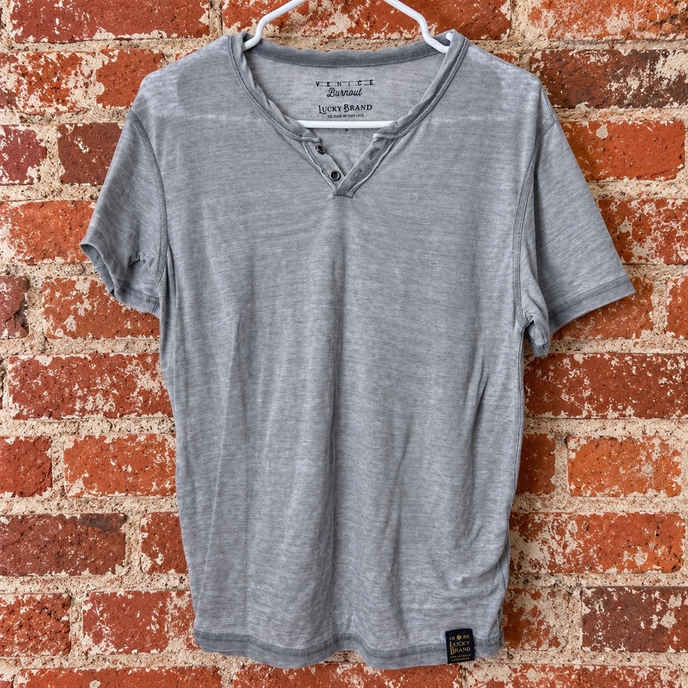 Y2K Lucky Brand Mens Venice Burnout Henley Shirt Gray Short Sleeve S Grunge